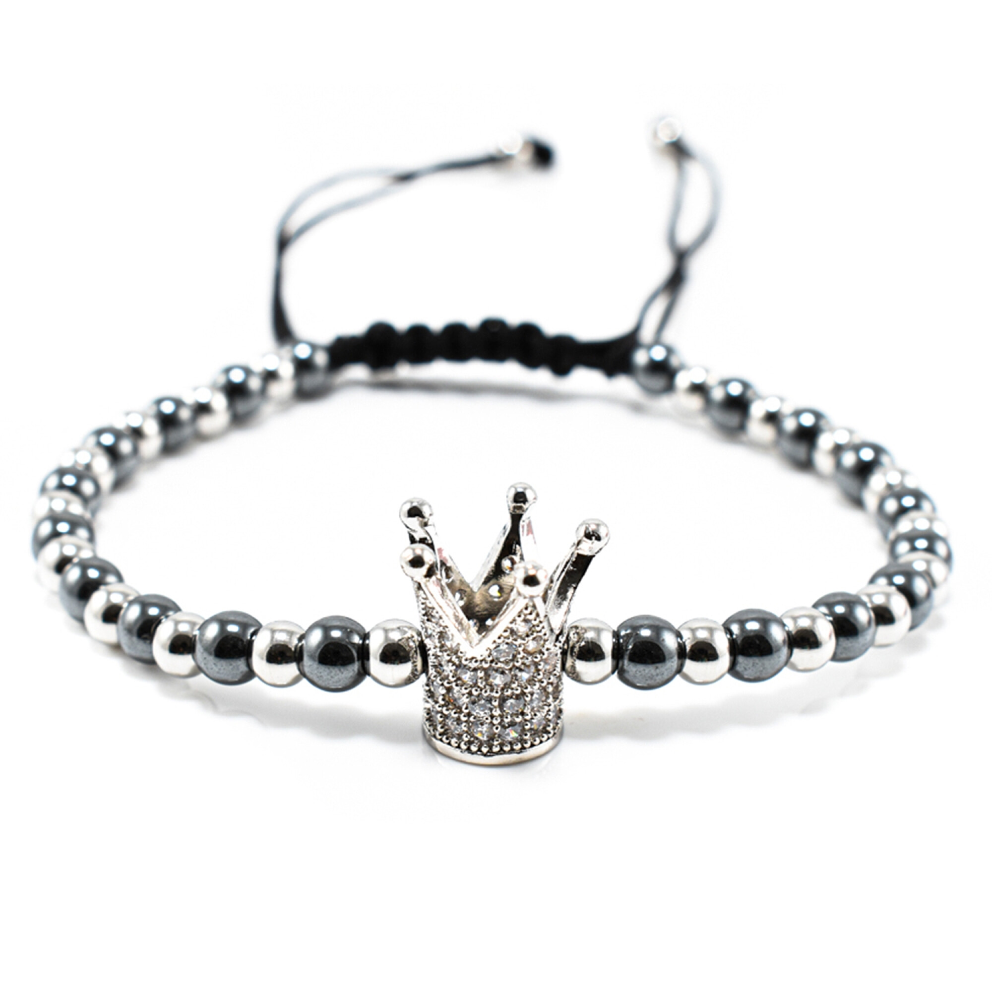 Bratara barbati din hematit  si otel inoxidabil White Cubic Zirconia Crown 