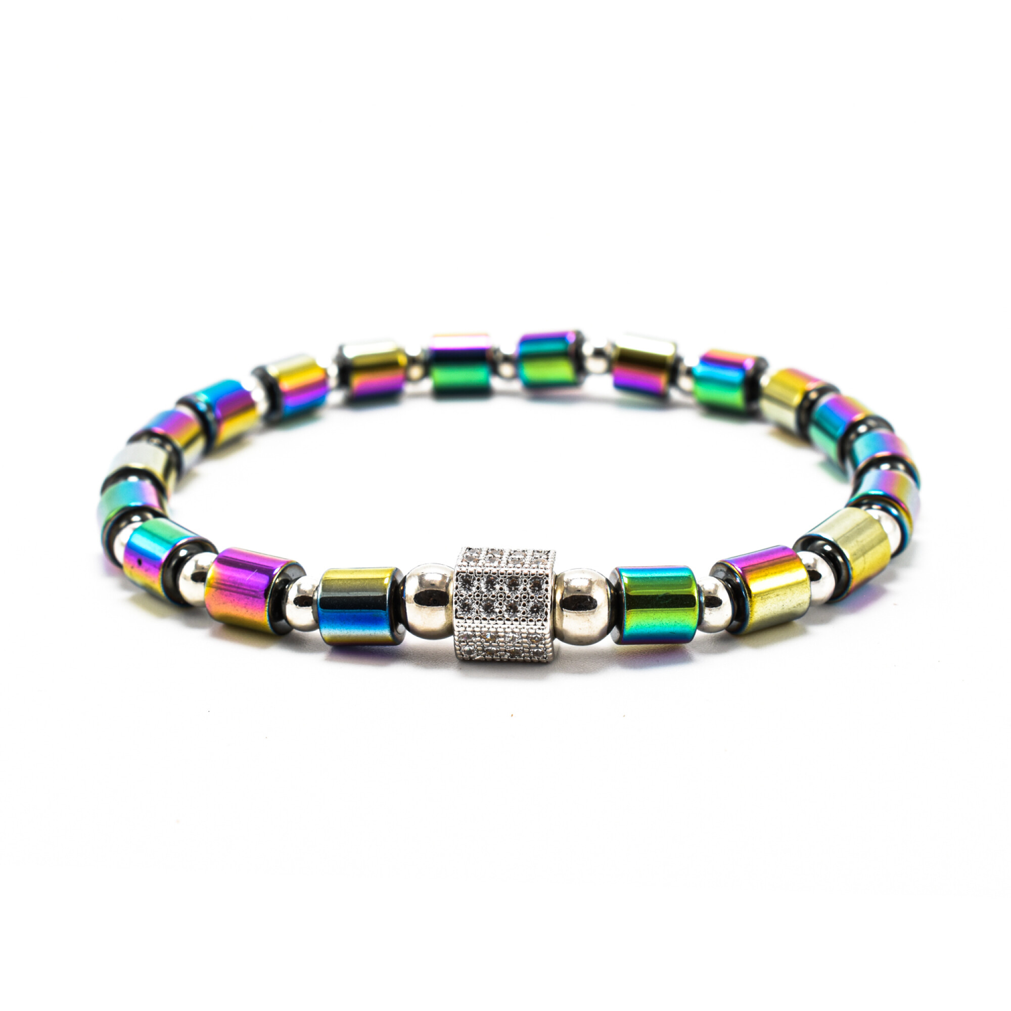 BRATARA BARBATI, ELASTICA, CU BILE DIN HEMATIT MAGNETIC ELECTROPLACAT MULTICOLOR & ACCESORII ARGINTII