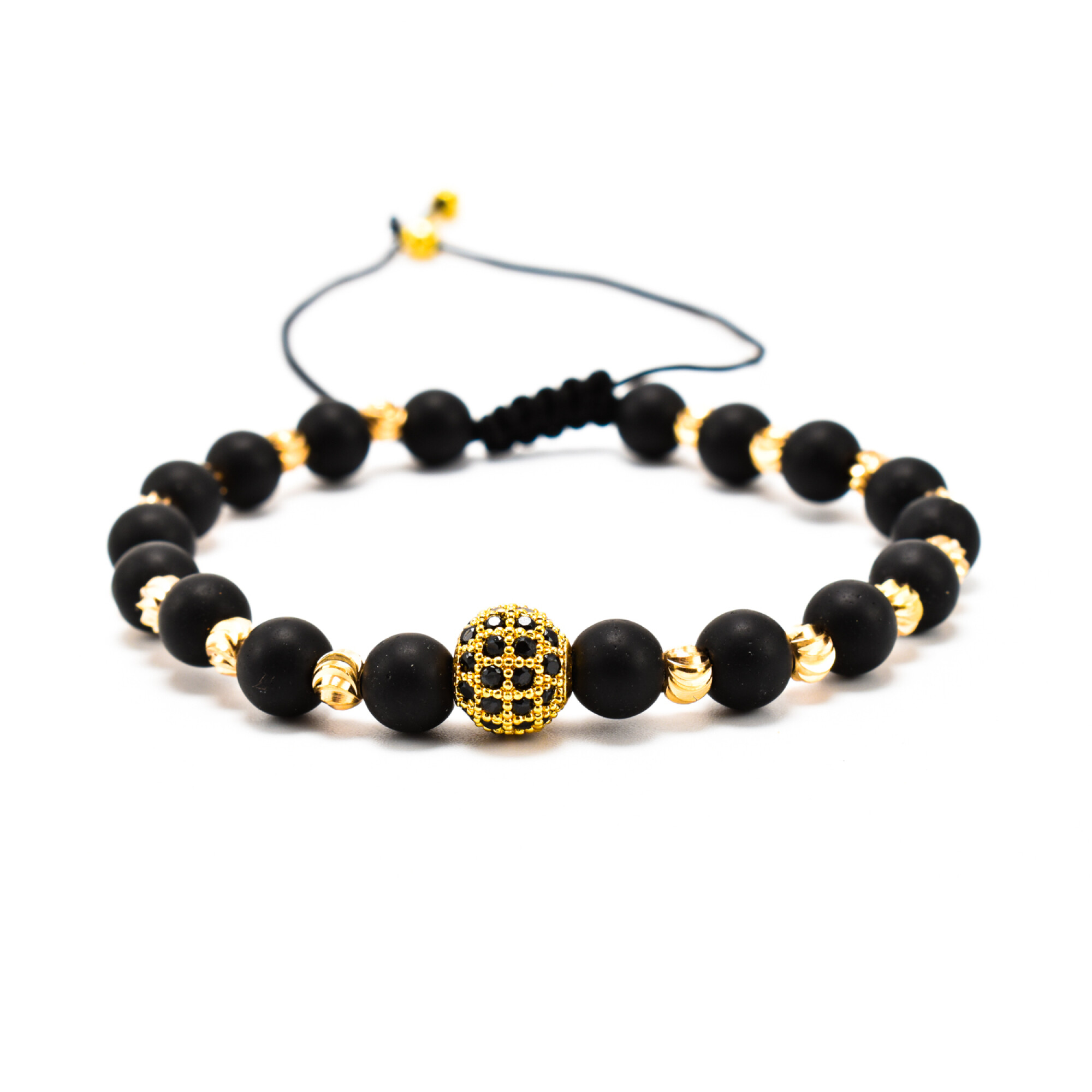 BRATARA BARBATI DIN ONIX NEGRU MAT SI ACCESORII PLACATE CU AUR 18K