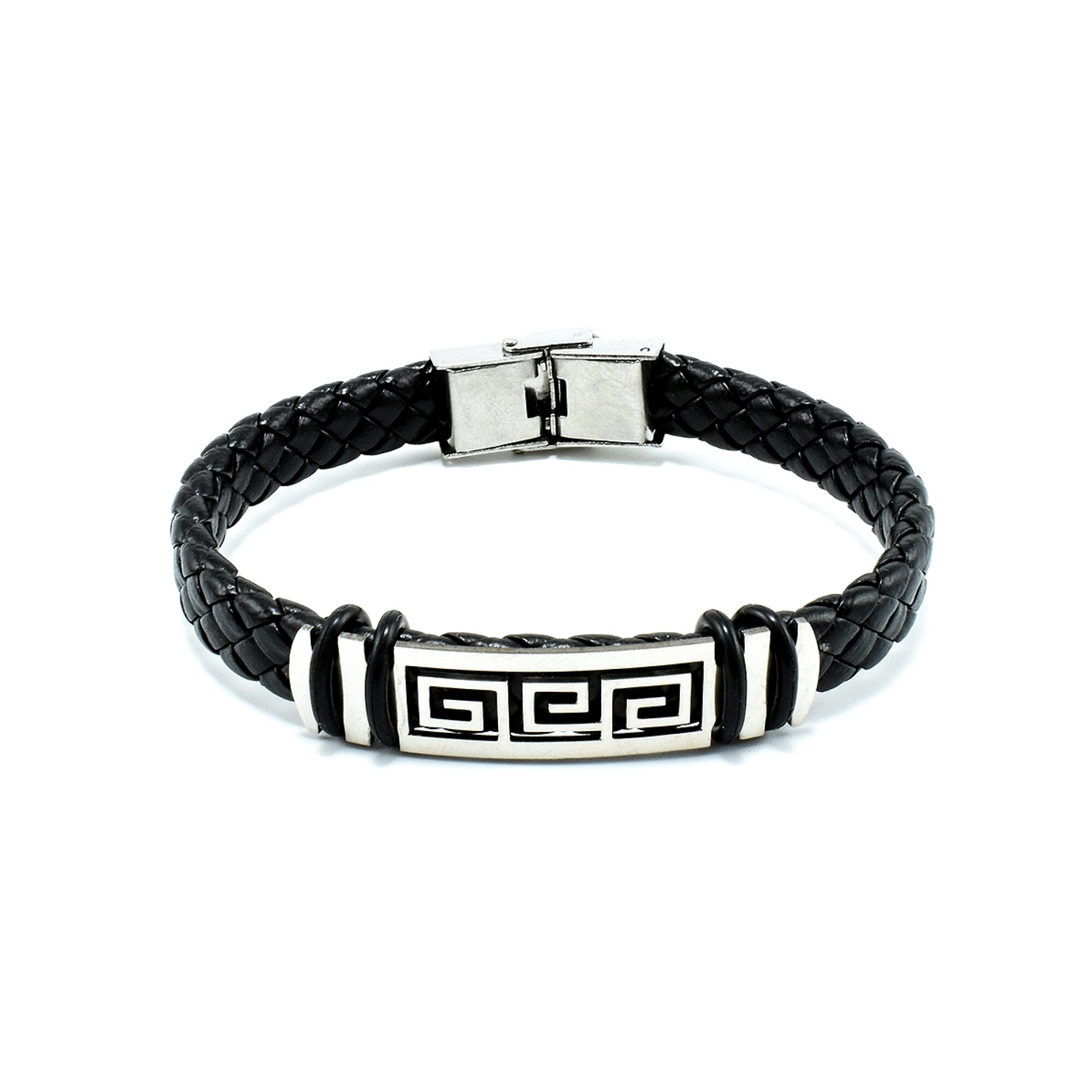 Bratara barbati din piele naturala model impletit cu accesoriu din otel