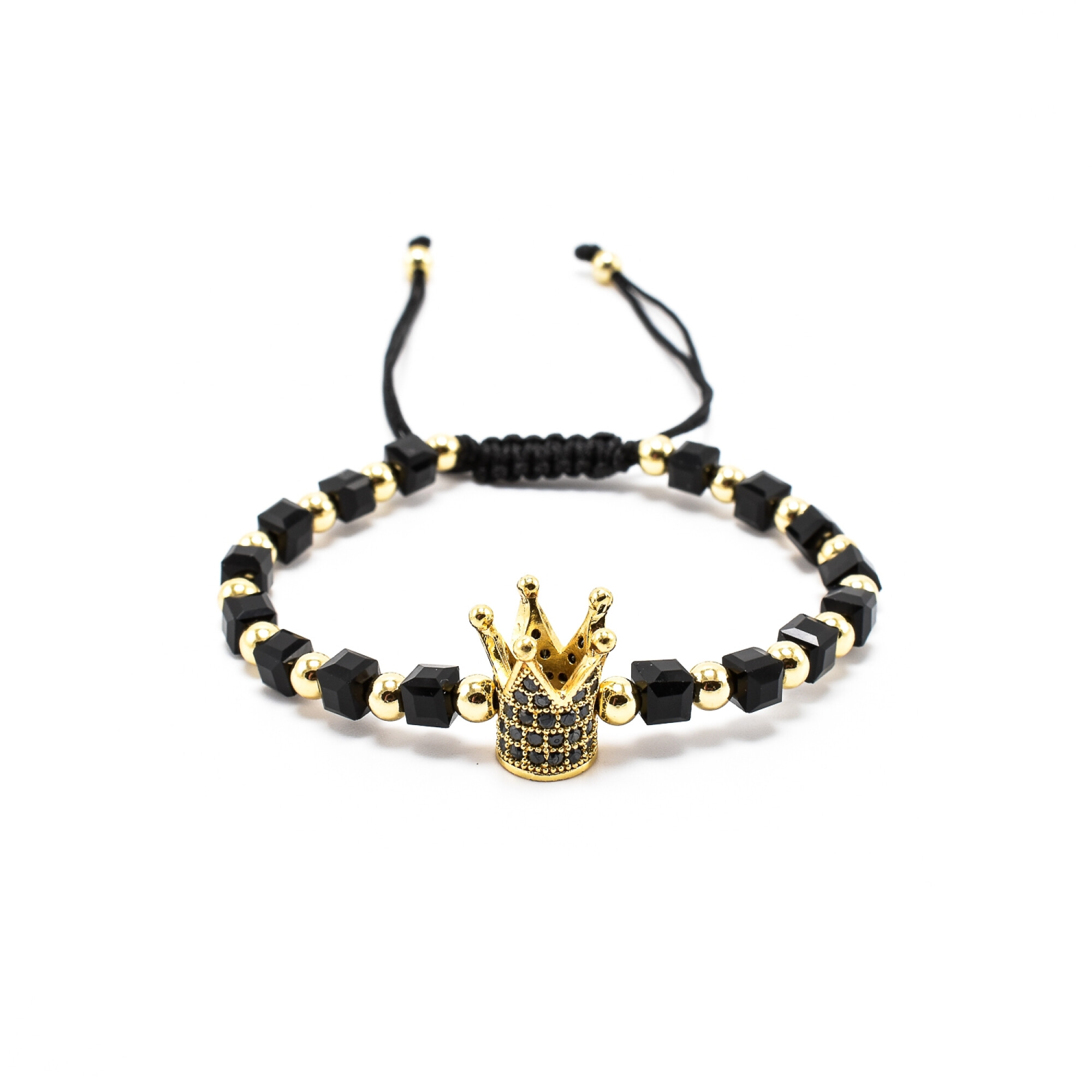 Bratara barbati cu bile cubice din cristale negre si accesoriu in forma de coroana 