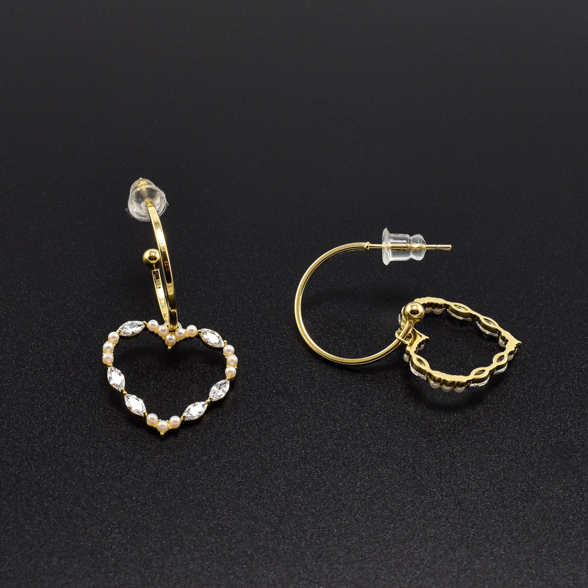 Cercei dama, ace din argint, placati cu aur 18K in forma de inima si cristale swarovski