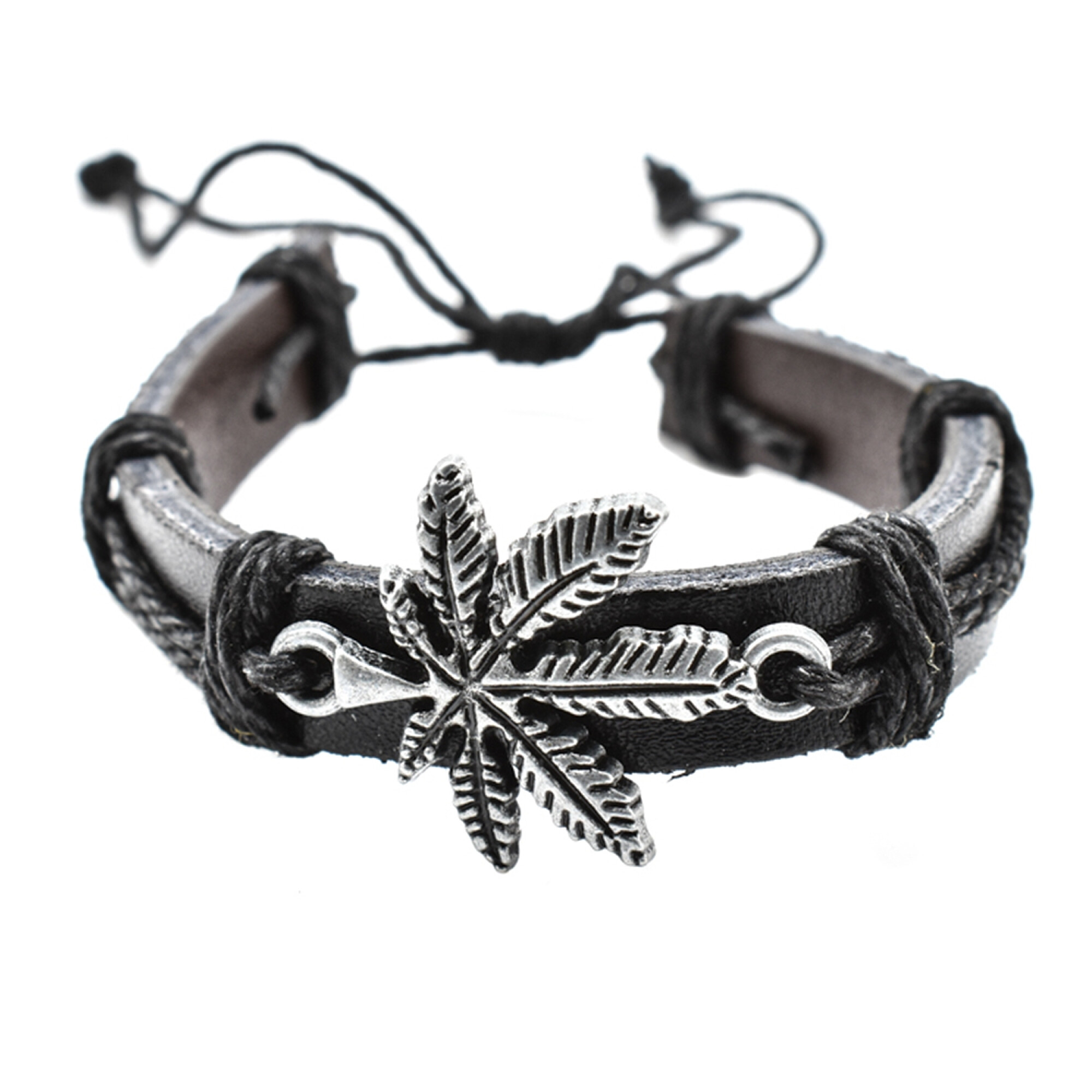 Bratara barbati din piele multistrat cu accesoriu in forma de frunza marijuana