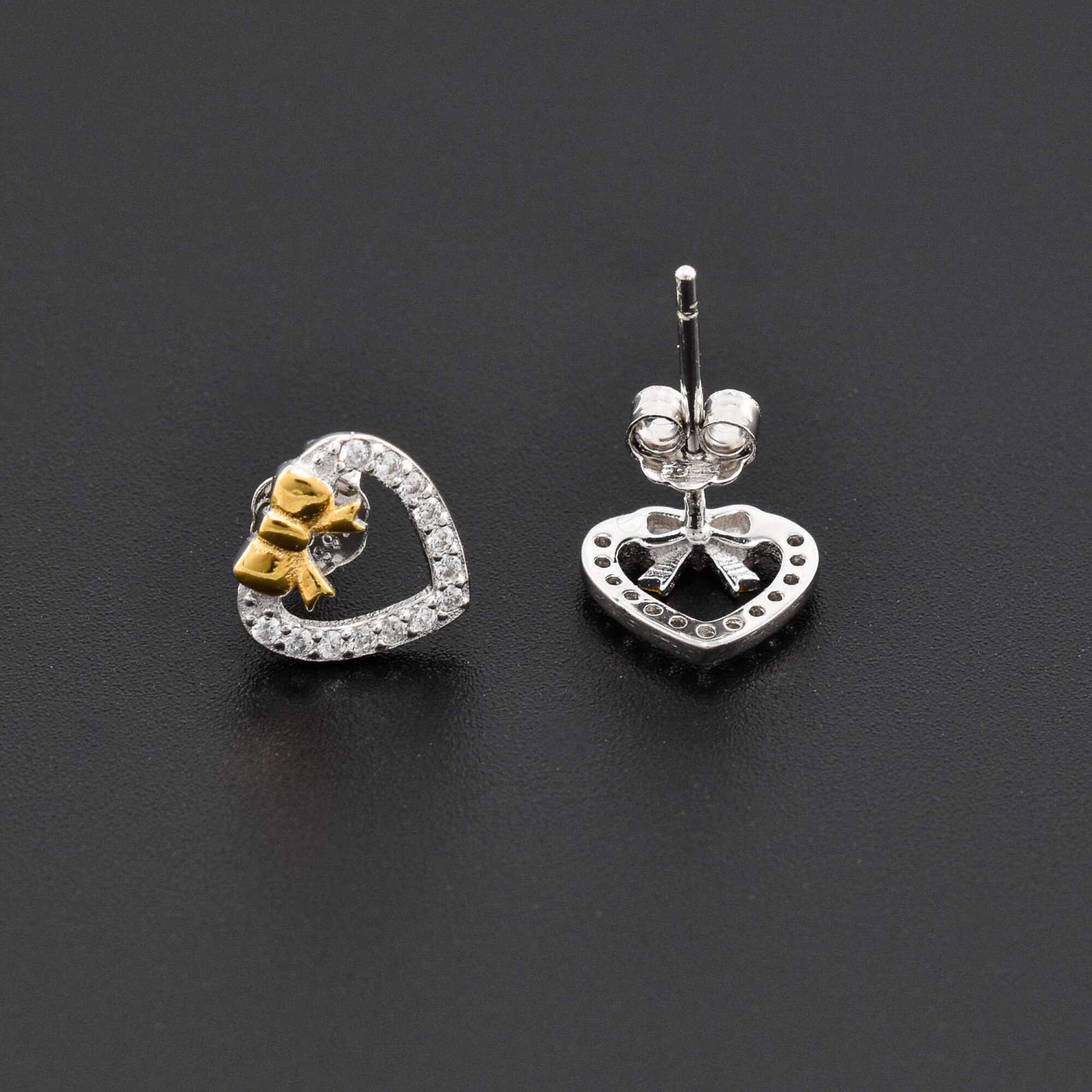 Cercei dama din argint in forma de inima cu funda placata cu aur 18K 