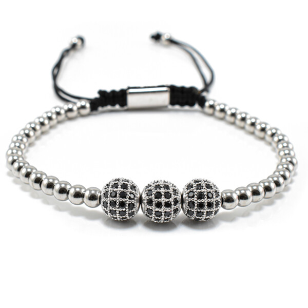 Bratara barbati din otel inoxidabil 3 bile Shamballa cu cristale zirconia 