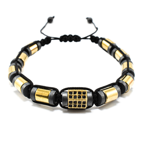 Bratara barbati din hematit cu accesorii aurii și cristale zirconia BBB-238