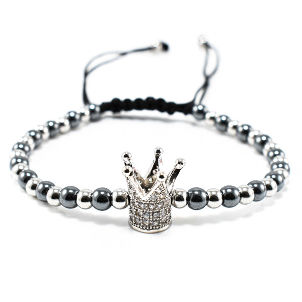 Bratara barbati din hematit  si otel inoxidabil White Cubic Zirconia Crown 