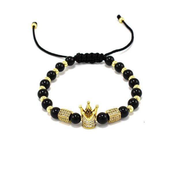 Bratara barbati din onix negru cu accesorii placate cu aur si cristale zirconia 