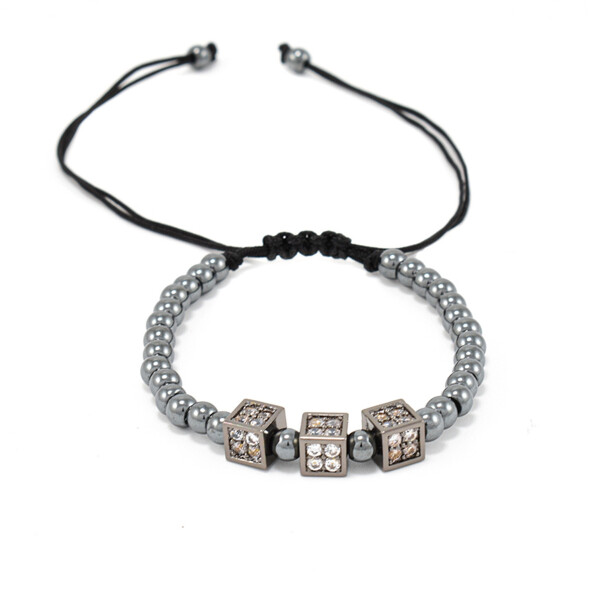 Bratara barbati din hematit si accesorii in forma de zar cu cristale zirconia