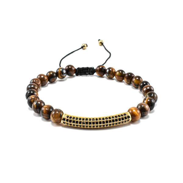 Bratara barbati din ochi de tigru si accesoriu auriu cu cristale zirconia