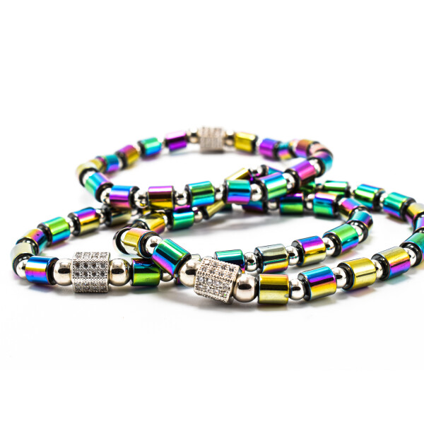 BRATARA BARBATI, ELASTICA, CU BILE DIN HEMATIT MAGNETIC ELECTROPLACAT MULTICOLOR & ACCESORII ARGINTII