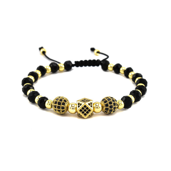 Bratara barbati cu cristale negre si accesorii aurii cu cristale zirconia 