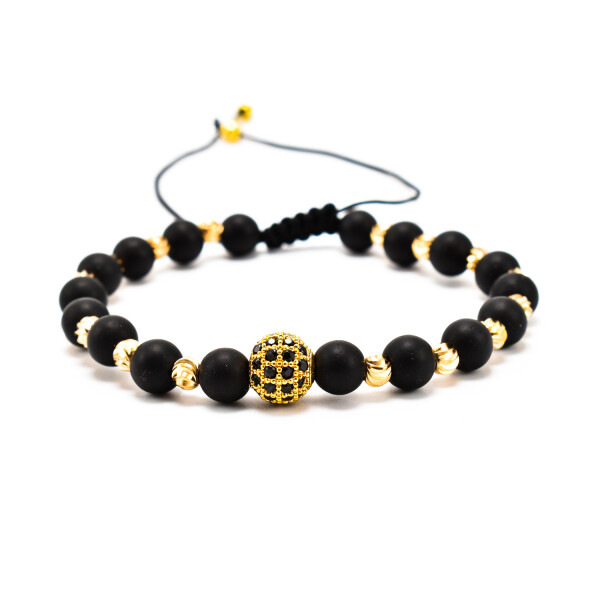BRATARA BARBATI DIN ONIX NEGRU MAT SI ACCESORII PLACATE CU AUR 18K