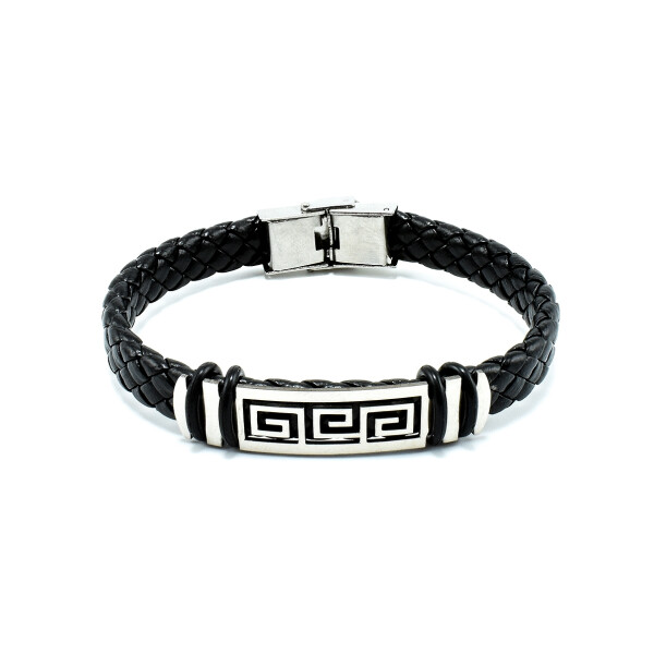 Bratara barbati din piele naturala model impletit cu accesoriu din otel