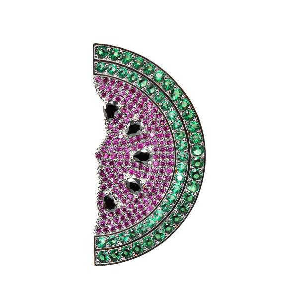 Brosa cu cristale swarovski colorate placata cu aur 18k in forma de felie de pepene