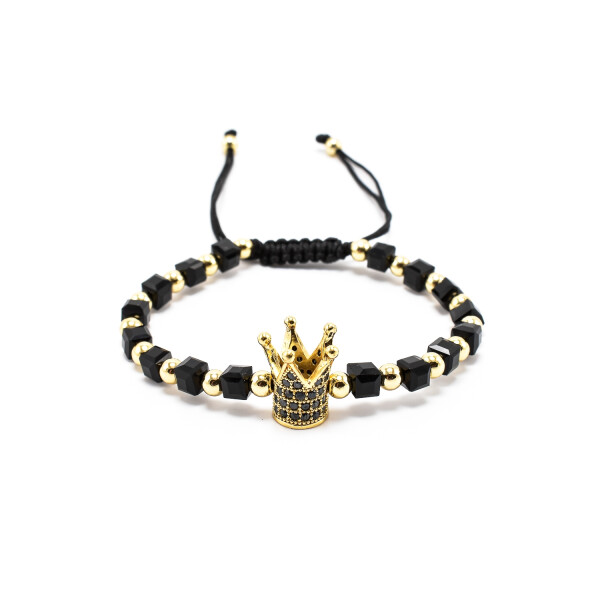 Bratara barbati cu bile cubice din cristale negre si accesoriu in forma de coroana 