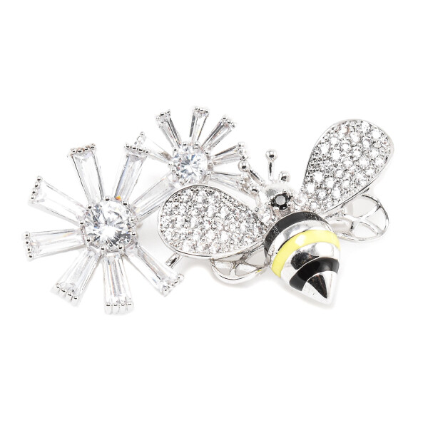 Brosa in forma de albina pe flori cu cristale swarovski placata cu aur alb 18k