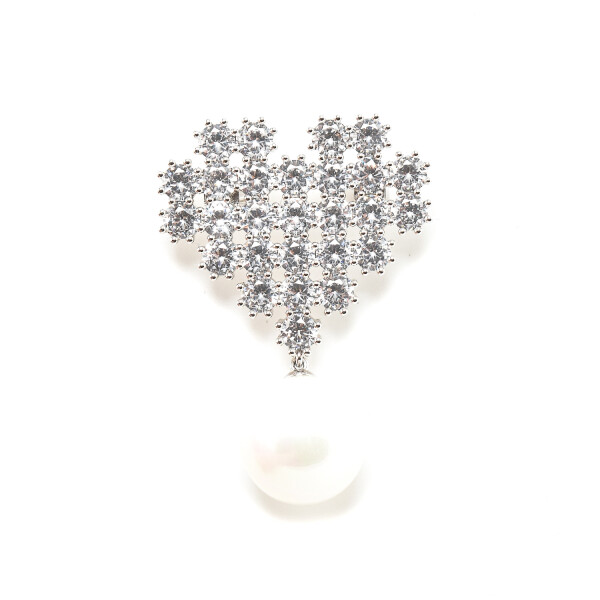 Brosa in forma de inima cu perla si cristale swarovski placata cu aur alb 18k