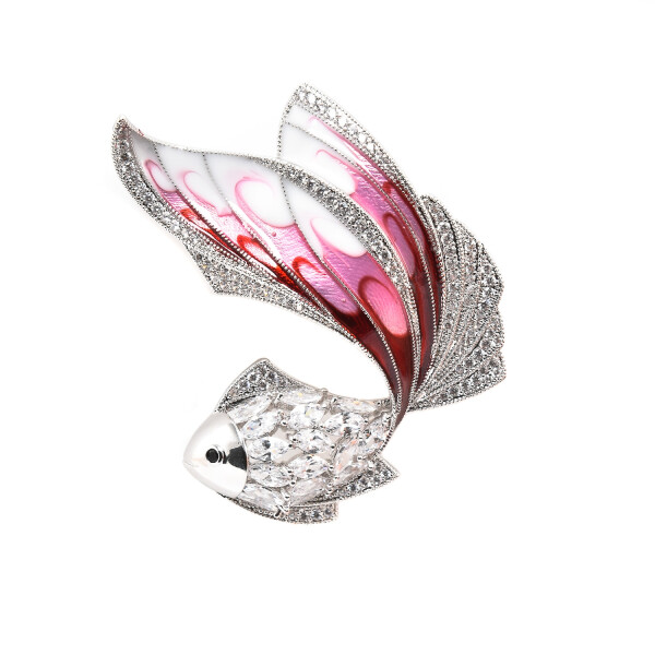 Brosa in forma de peste cu cristale swarovski placata cu aur alb 18k