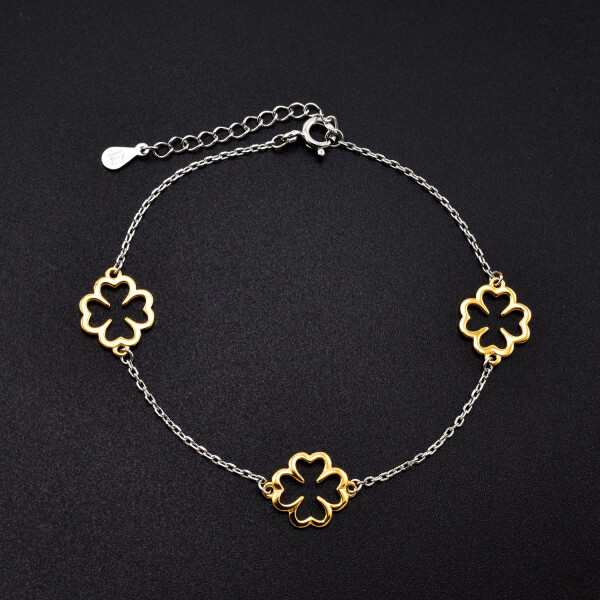 Bratara dama din argint cu accesorii in forma de trifoi cu patru foi, placate cu aur 18K