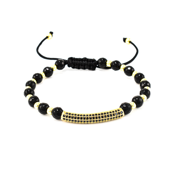 Bratara barbati din onix negru cu accesorii placate cu aur si cristale zirconia