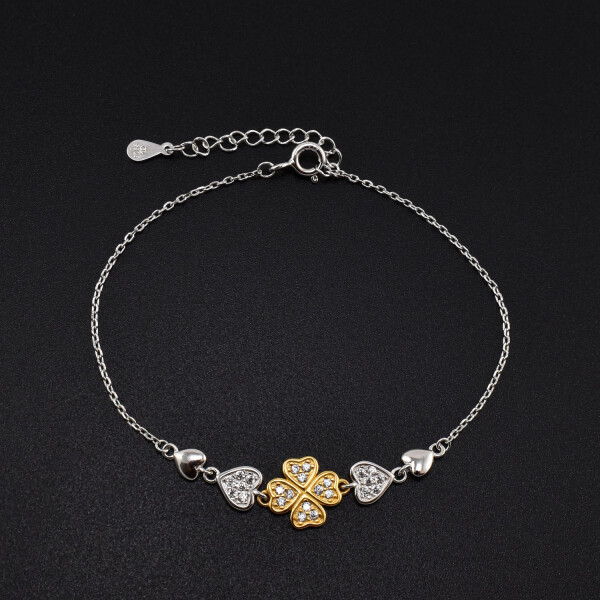 Bratara dama din argint placata cu aur 18K cu accesorii in forma de trifoi cu patru foi si inima