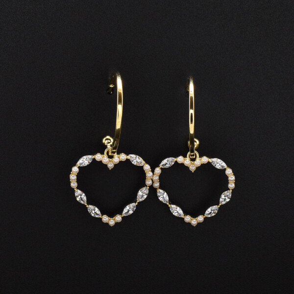 Cercei dama, ace din argint, placati cu aur 18K in forma de inima si cristale swarovski