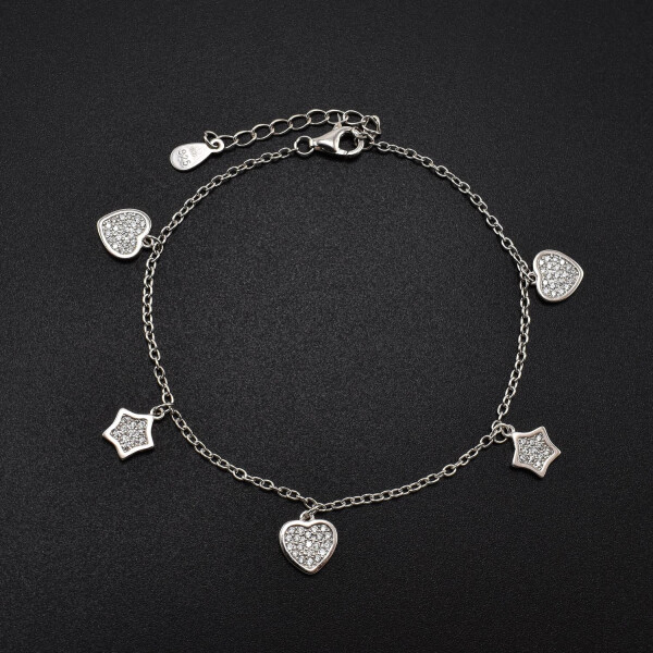 Bratara dama din argint cu accesorii in forma de stea si inima acoperite cu cristale swarovski
