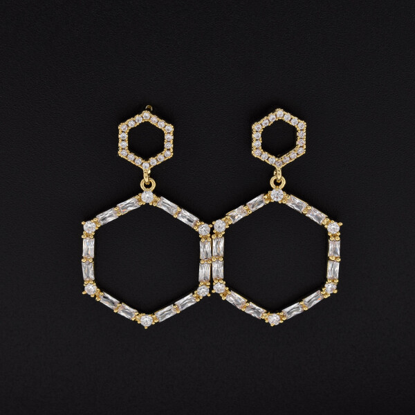 Cercei dama hexagonali, ace din argint, placati cu aur 18K