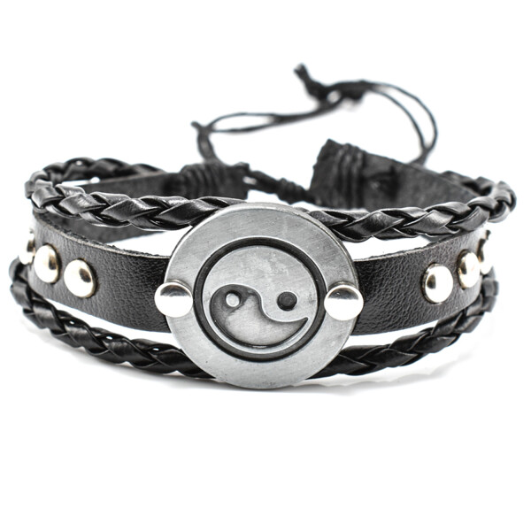 Bratara barbati din piele naturala neagra cu accesoriu yin yang