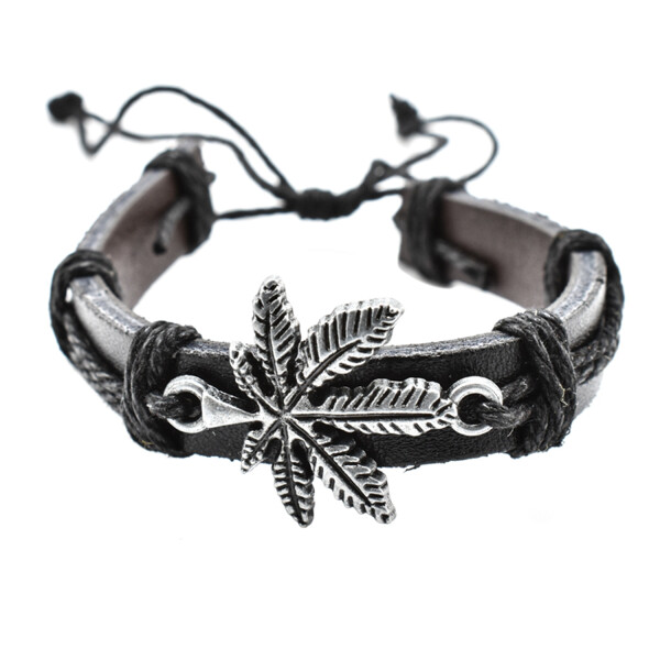Bratara barbati din piele multistrat cu accesoriu in forma de frunza marijuana