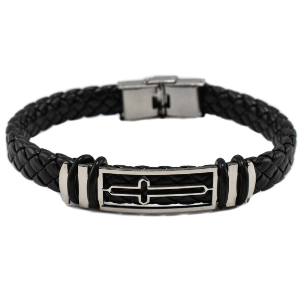 Bratara barbati stainless steel din piele naturala si accesoriu in forma de cruce 