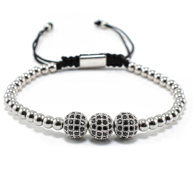 Bratara barbati din otel inoxidabil 3 bile Shamballa cu cristale zirconia 