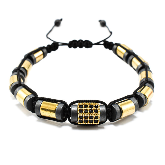Bratara barbati din hematit cu accesorii aurii și cristale zirconia BBB-238