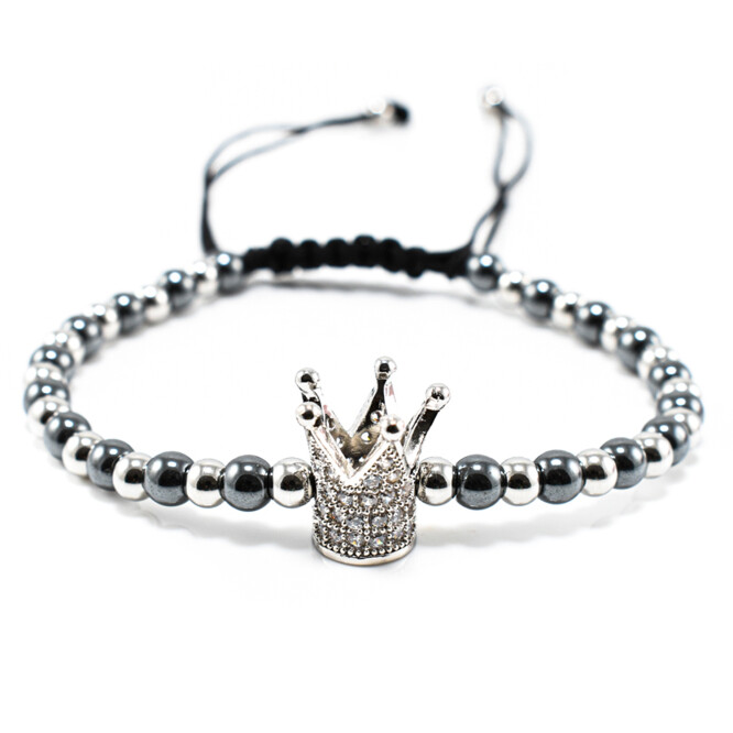 Bratara barbati din hematit  si otel inoxidabil White Cubic Zirconia Crown 
