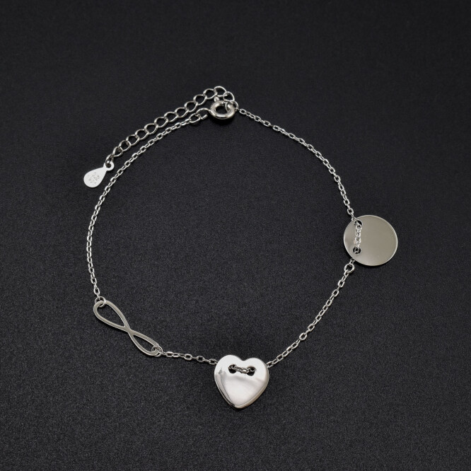 Bratara dama din argint cu accesorii in forma de Infinit, inima & banut pentru gravare
