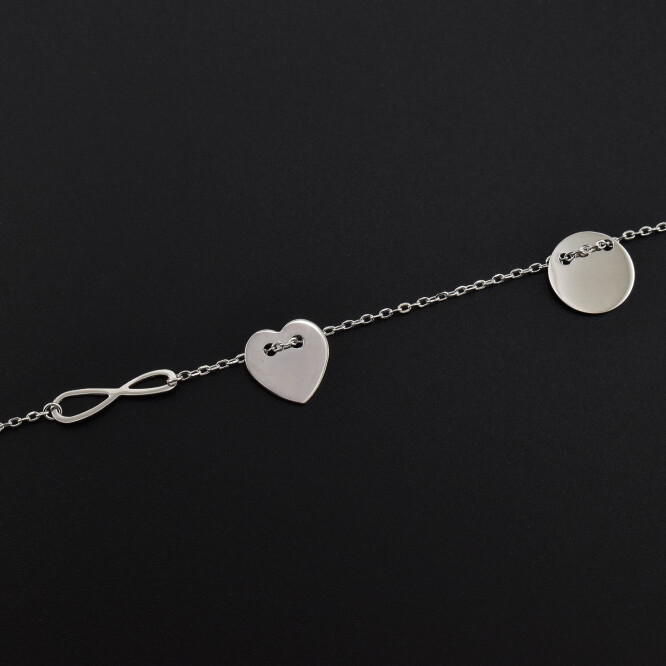 Bratara dama din argint cu accesorii in forma de Infinit, inima & banut pentru gravare