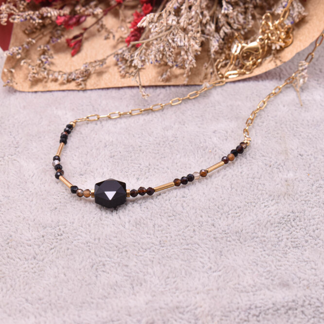 Colier dama din onix negru, otel inoxidabil placat cu aur 18K