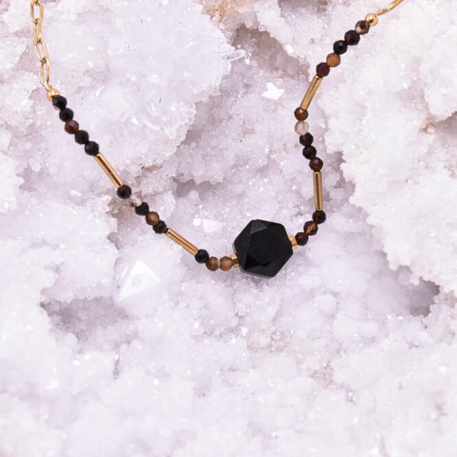 Colier dama din onix negru, otel inoxidabil placat cu aur 18K