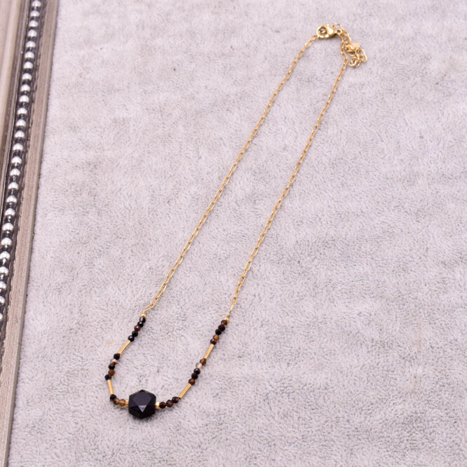 Colier dama din onix negru, otel inoxidabil placat cu aur 18K
