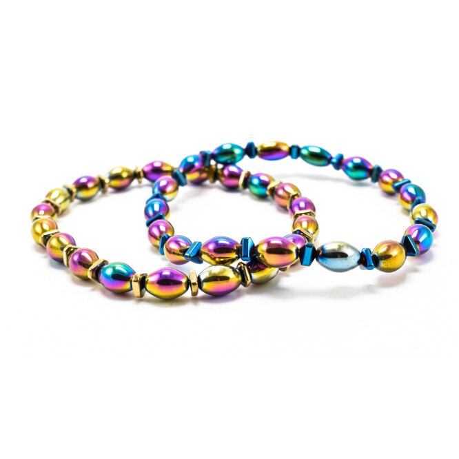 BRATARA BARBATI, ELASTICA, CU BILE DIN HEMATIT MAGNETIC ELECTROPLACAT MULTICOLOR