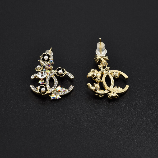 Cercei dama, ace din argint, placati cu aur 18K, simbol Channel cu cristale swarovski