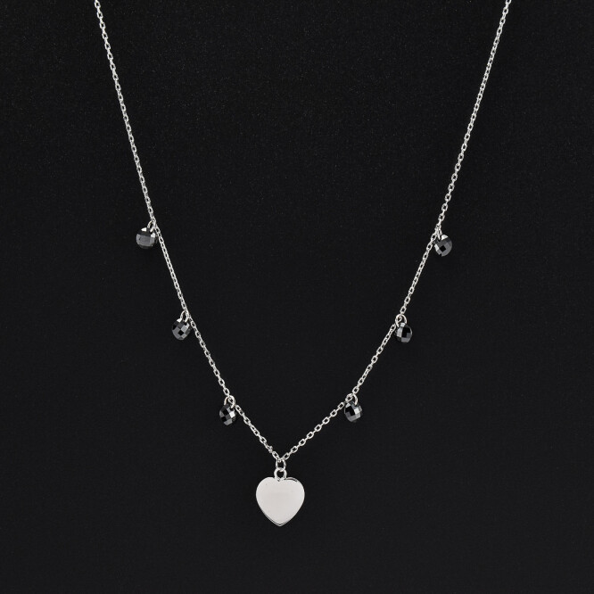Lantisor dama din argint si cristale negre cu accesoriu in forma de inima 