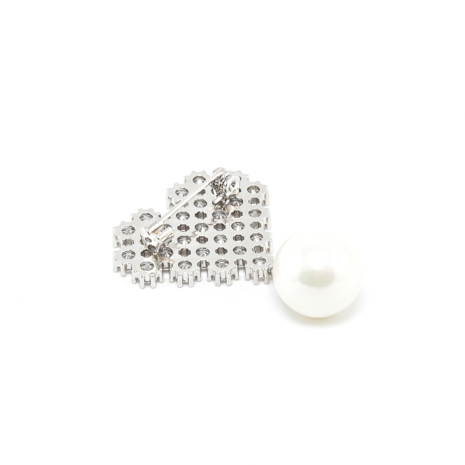 Brosa in forma de inima cu perla si cristale swarovski placata cu aur alb 18k