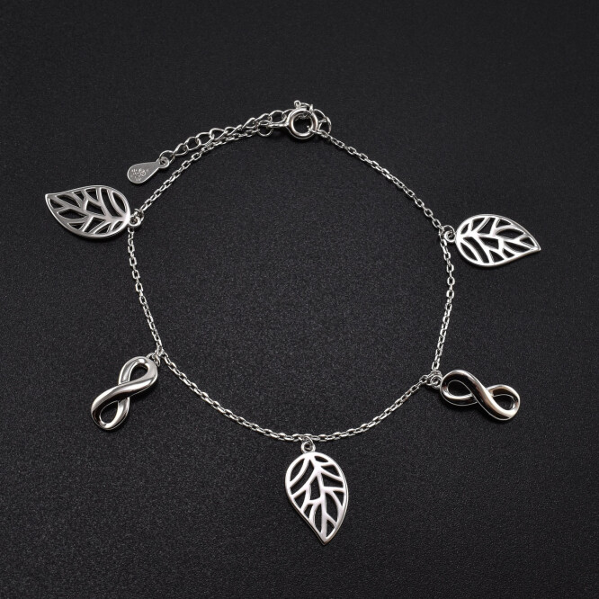 Bratara dama din argint cu accesorii in forma de frunza si infinit