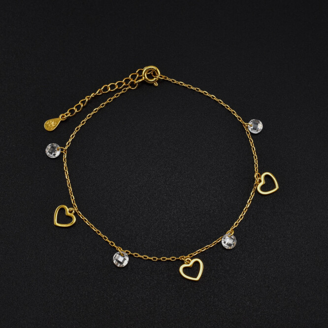 Bratara dama din argint placat cu aur 18K si accesorii in forma de inima