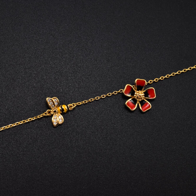Bratara dama din argint cu accesorii in forma de floare si albina