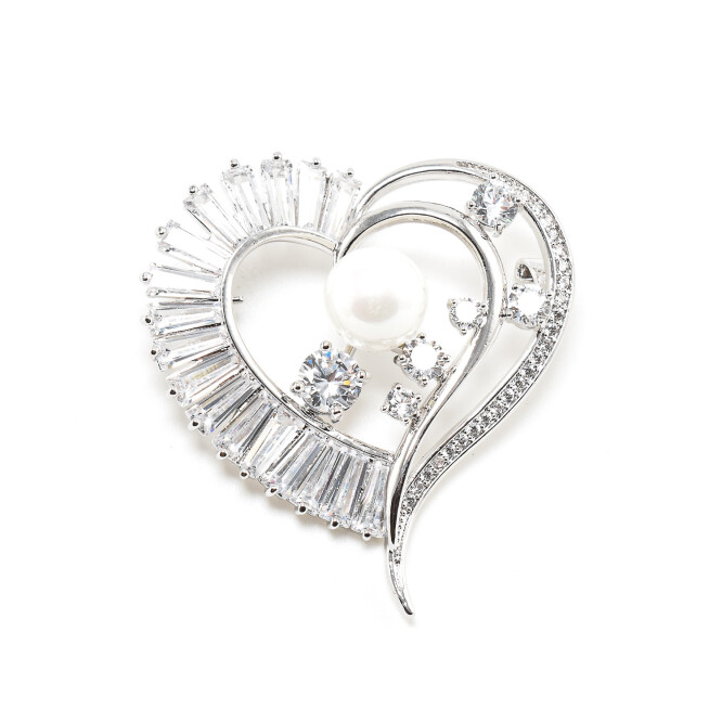 Brosa cu perla si cristale swarovski in forma de inima placata cu aur 18k 