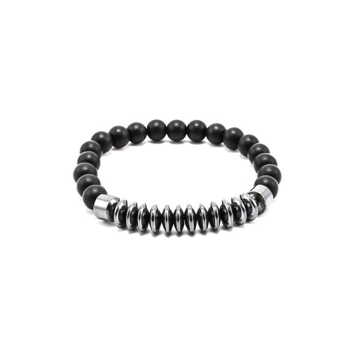 Bratara barbati cu bile din onix negru mat si accesorii din otel inoxidabil 