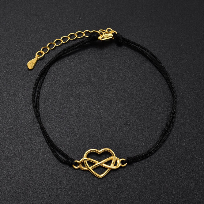 Bratara dama cu snur si accesoriu din argint placat cu aur 18K in forma de inima si infinit